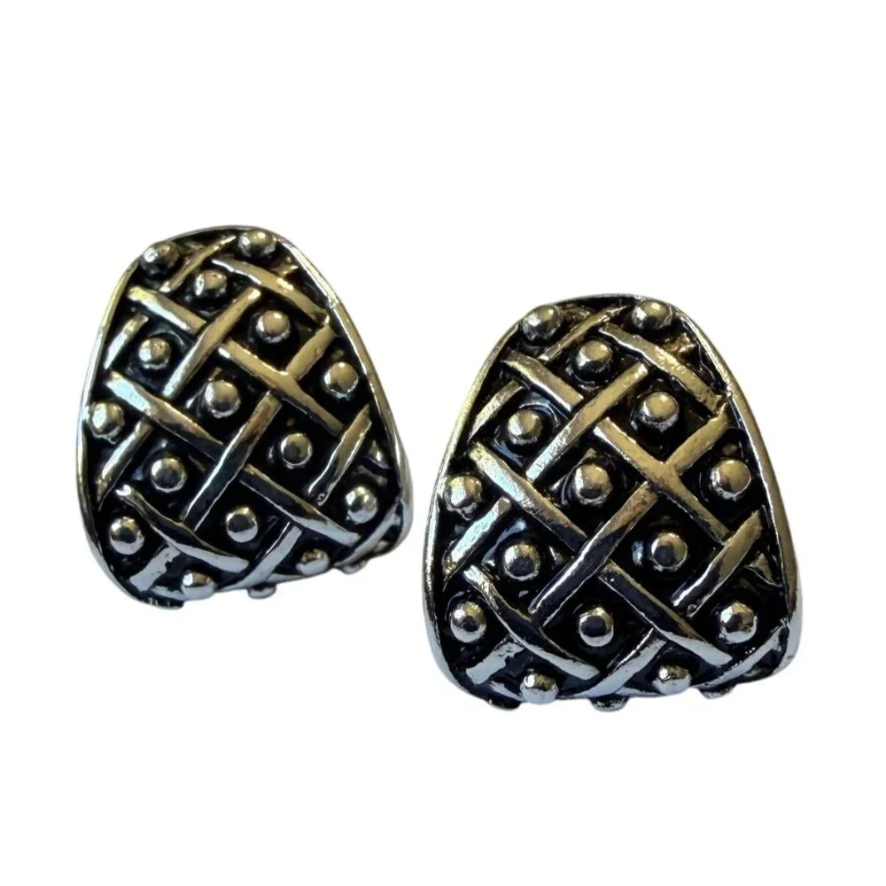 Y2K Silver Tone Lattice Textured Half Hoop Earrings Nickel Free‎ Hypoallergenic